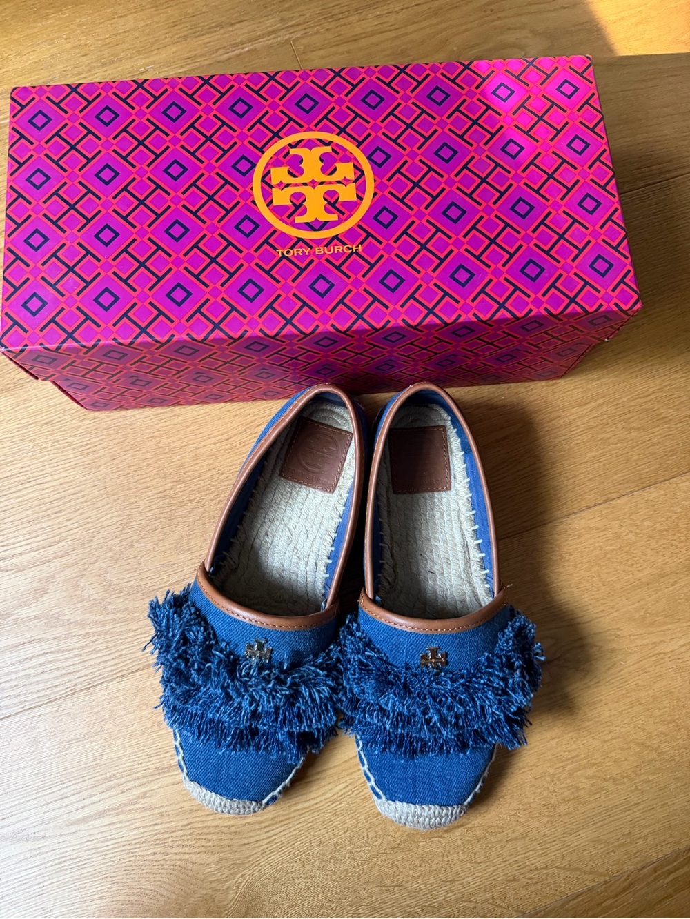 Tory Burch Navy Fringe Espadrille Flats with Tan Trim